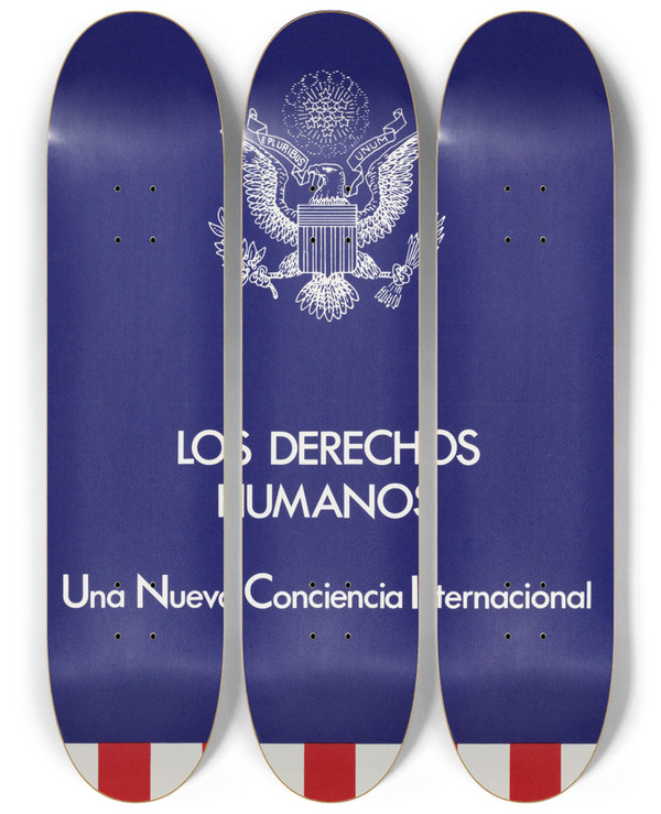 Triptych art skateboard deck of Us Information Agency Los Derechos Humanos by U S Information Agency (1953-1999)