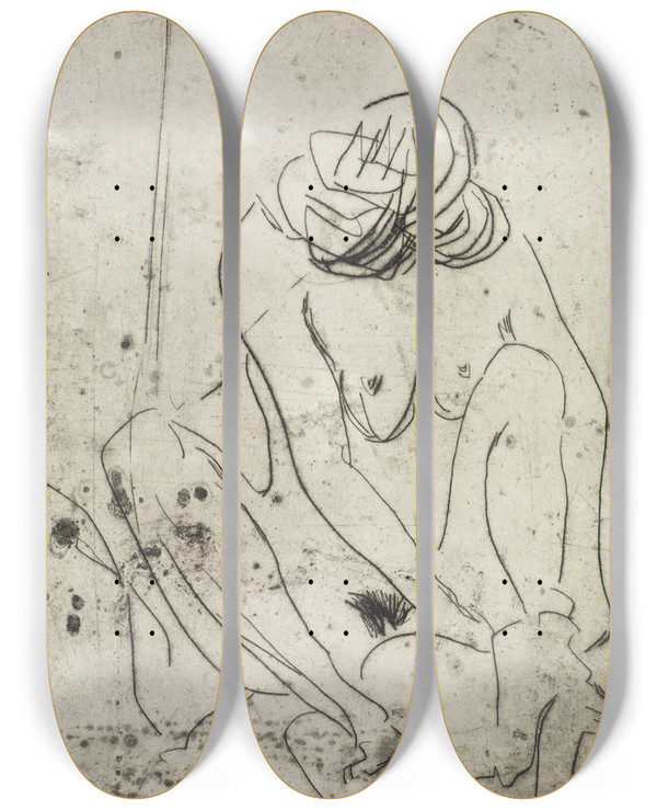 Triptych art skateboard deck of Ernst Ludwig Kirchner Sich Abtrocknendes Mdchen by Ernst Ludwig Kirchner (1880-1938)