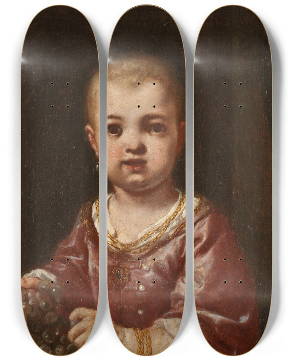 Triptych art skateboard deck of Antonio Mercurio Amorosi Girl Holding A Bunch Of Grapes by Antonio Mercurio Amorosi (1660-1738)