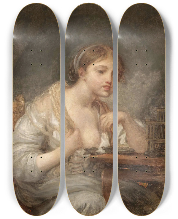 Triptych art skateboard deck of Jeanbaptiste Greuze A Young Woman With A Birdcage by Jean-Baptiste Greuze (1725-1805)
