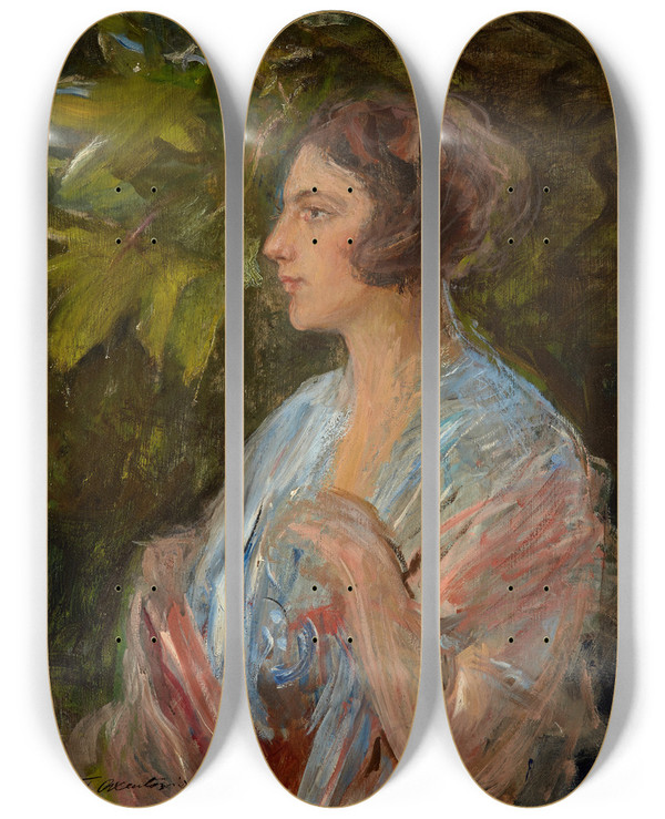 Triptych art skateboard deck of Teodor Axentowicz Portrait Of A Lady by Teodor Axentowicz (1859-1938)
