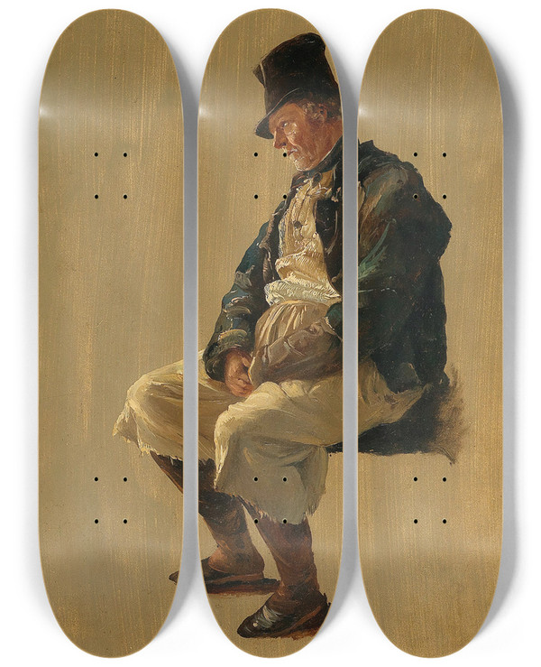 Triptych art skateboard deck of Friedrich August Matthias Gauermann The Innkeeper From Miesenbach by Friedrich August Matthias Gauermann (1807-1862)