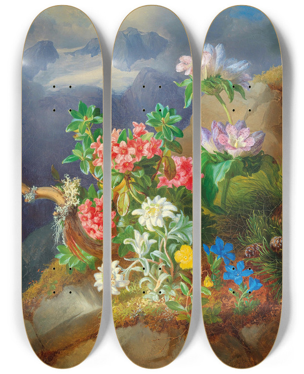Triptych art skateboard deck of Andreas Lach Alpine Flowers by Andreas Lach (1817-1882)