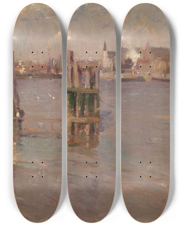 Triptych art skateboard deck of Frans Hens A View On The Scheldt by Frans Hens (1856-1928)