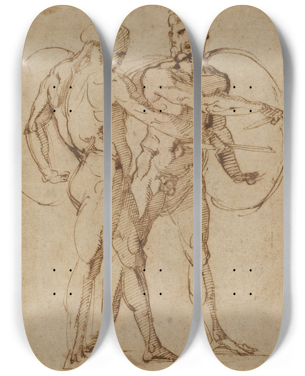 Triptych art skateboard deck of Baccio Bandinelli Two Male Nudes by Baccio Bandinelli (1493-1560)