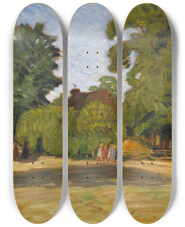 Triptych art skateboard deck of Otto Modersohn Sptsommernachmittag In Fischerhude Mit Mdchengruppe by Otto Modersohn (1865-1943)