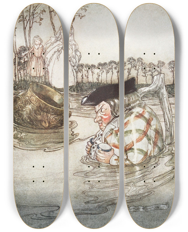 Triptych art skateboard deck of Arthur Rackham The Two Pots_2 by Arthur Rackham (1867-1939)