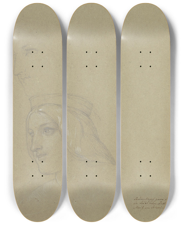 Triptych art skateboard deck of Moritz Von Schwind Zwei Kpfe Zum Sngerkrieg by Moritz Von Schwind (1804-1871)