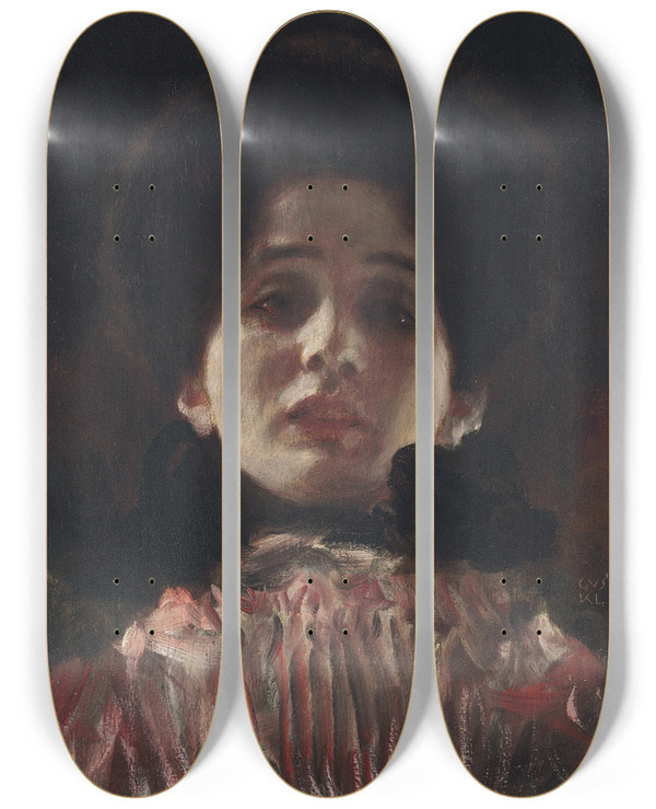 Triptych art skateboard deck of Gustav Klimt Dame En Face Mit Plisiertem Kleid by Gustav Klimt (1862-1918)