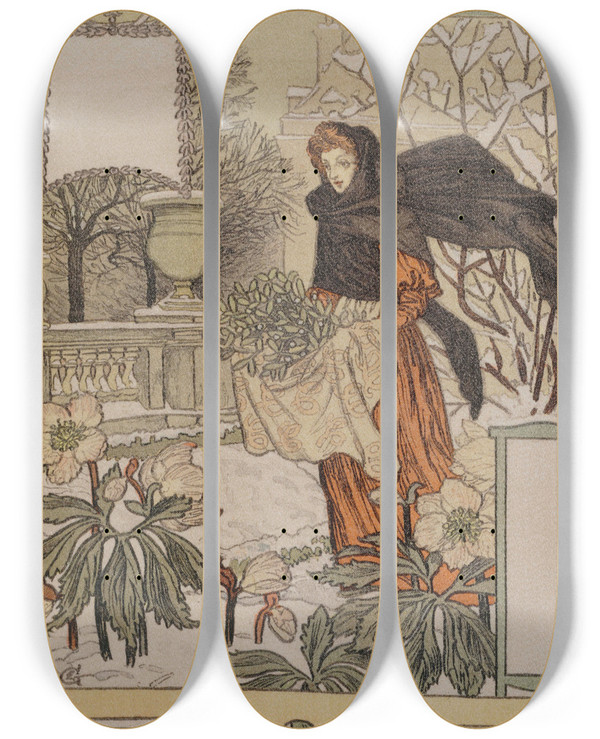 Triptych art skateboard deck of Eugne Grasset Dcembre by Eugene Grasset (1841-1917)