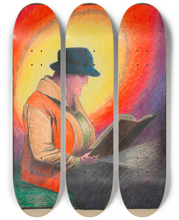 Triptych art skateboard deck of Karl Wiener Dame Im Kaf by Karl Wiener (1901-1949)