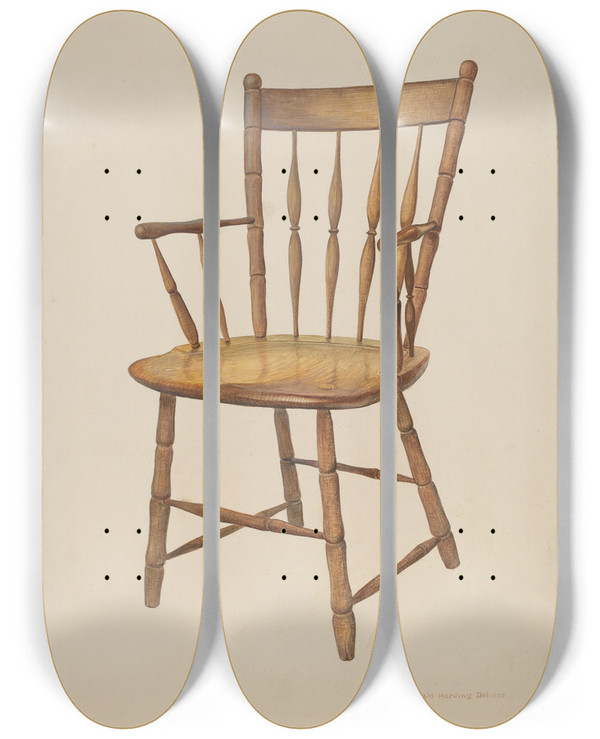 Triptych art skateboard deck of Donald Harding Windsor Armchair by Donald Harding