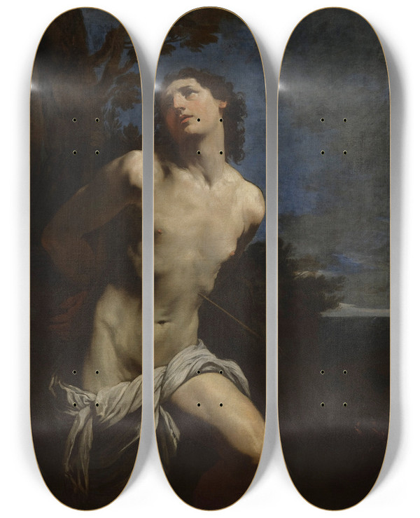 Triptych art skateboard deck of Guido Reni Saint Sebastian_2 by Guido Reni (1575-1642)