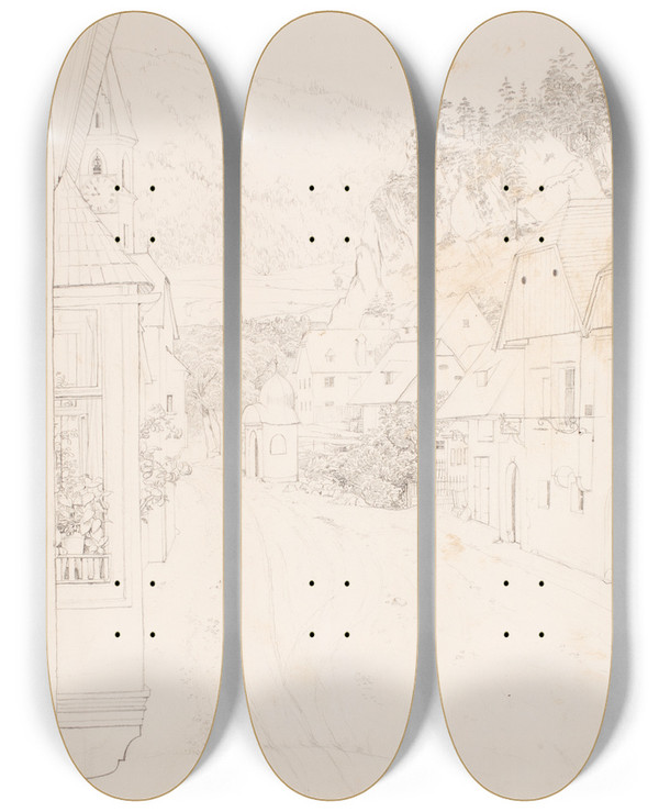 Triptych art skateboard deck of Erasmus Von Engert Sketchbook Drawings Pl12 by Erasmus Von Engert (1796-1871)