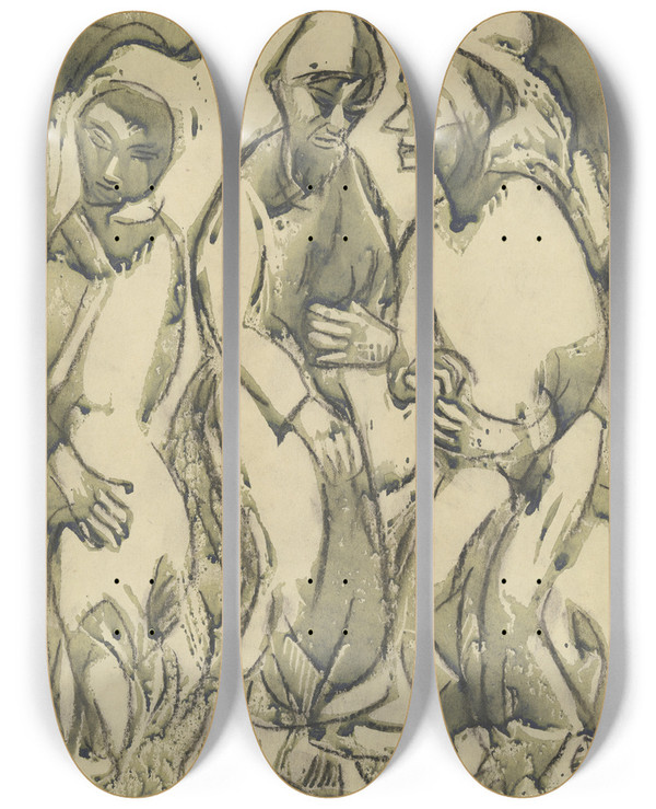 Triptych art skateboard deck of Christian Rohlfs Three Standing Men by Christian Rohlfs (1849-1938)