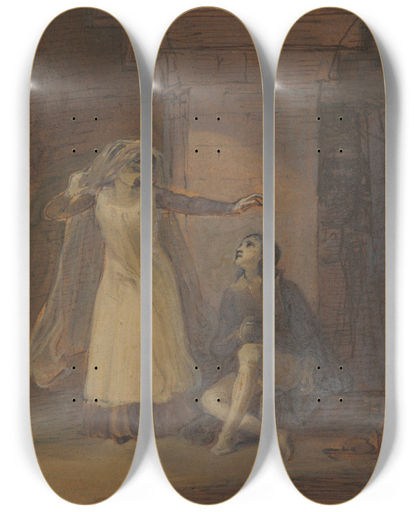 Triptych art skateboard deck of Robert Smirke Claudio And Isabella by Robert Smirke (1752-1845)