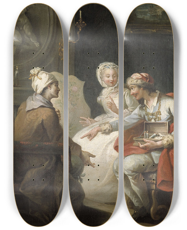 Triptych art skateboard deck of Etienne Jeaurat Le Marchand Dorvitan Ou Loprateur Barri by Etienne Jeaurat (1699-1789)