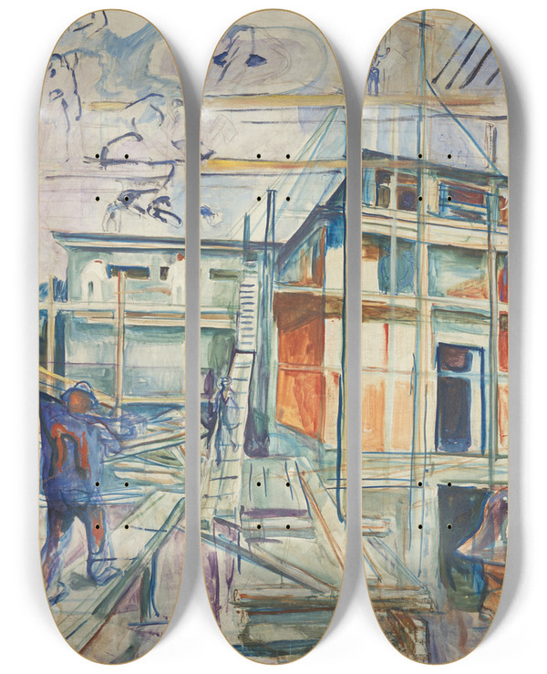 Triptych art skateboard deck of Edvard Munch The Building Of The Winter Studio by Edvard Munch (1863-1944)