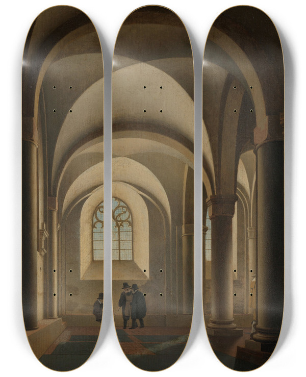 Triptych art skateboard deck of Pieter Jansz Saenredam The Westernmost Bays Of The South Aisle Of The Mariakerk In Utrecht by Pieter Jansz Saenredam (1597-1665)