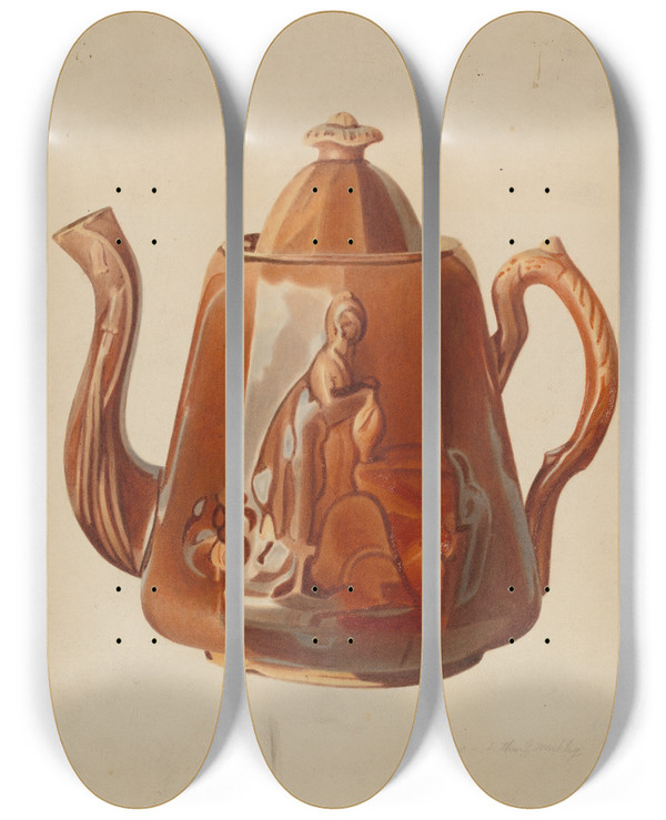 Triptych art skateboard deck of Arthur G Merkley Stoneware Teapot by Arthur G Merkley