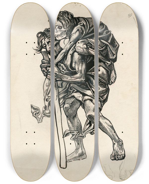 Triptych art skateboard deck of Johannes Josephus Aarts Lopende Man Met Skelet Op Zijn Rug by Johannes Josephus Aarts (1871-1934)