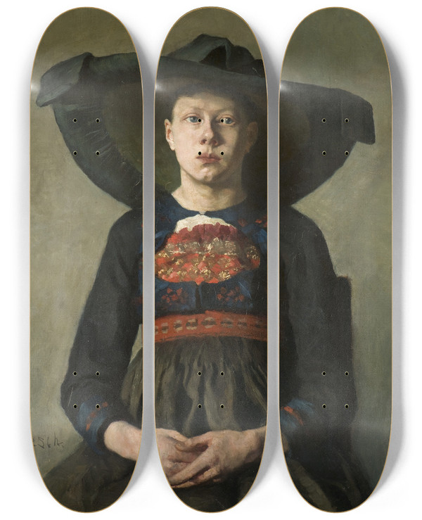 Triptych art skateboard deck of Hanna Hirschpauli A Bavarian Peasant Girl by Hanna Hirsch Pauli (1864-1940)