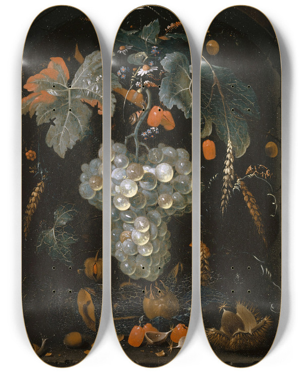 Triptych art skateboard deck of Abraham Mignon Stilllife With Grapes And Fruits In A Niche by Abraham Mignon (1640-1679)
