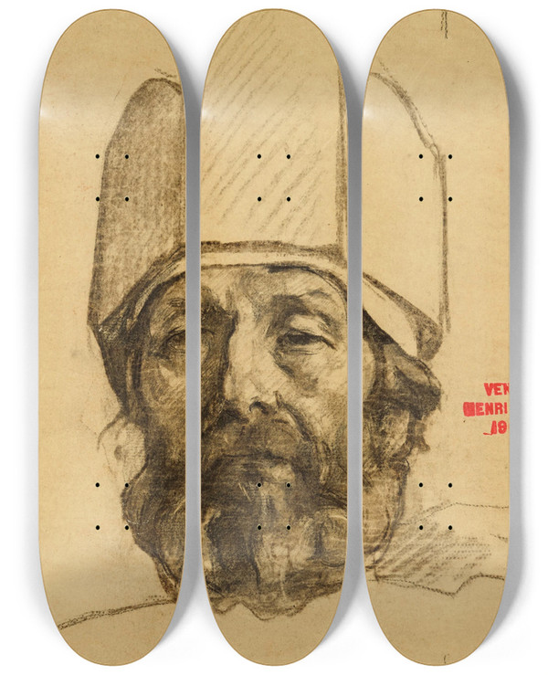 Triptych art skateboard deck of Henri Leopold Lvy Etude De Visage Dhomme Coiff Dune Couronne by Henri Leopold Levy (1840-1904)