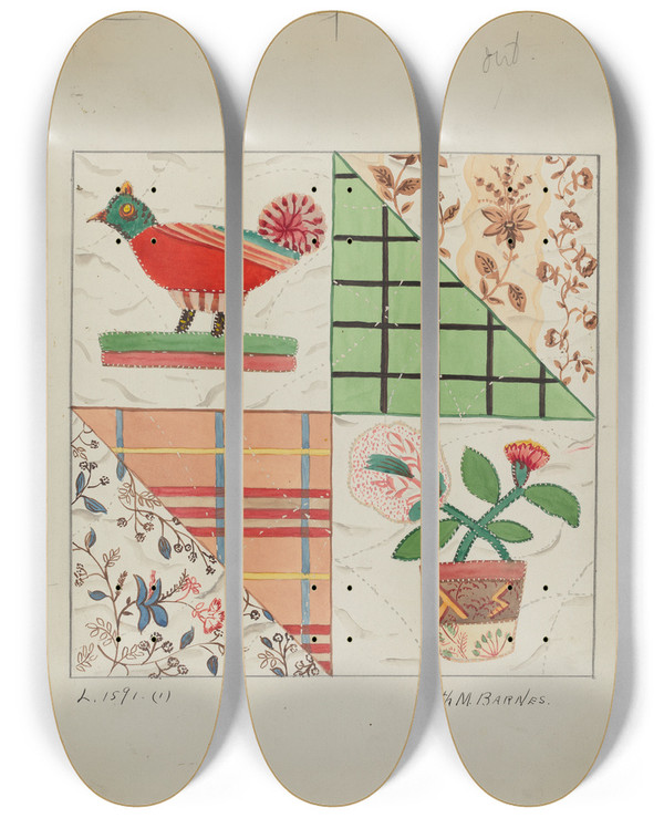 Triptych art skateboard deck of Ruth M Barnes Applique Quilt_1 by Ruth M Barnes