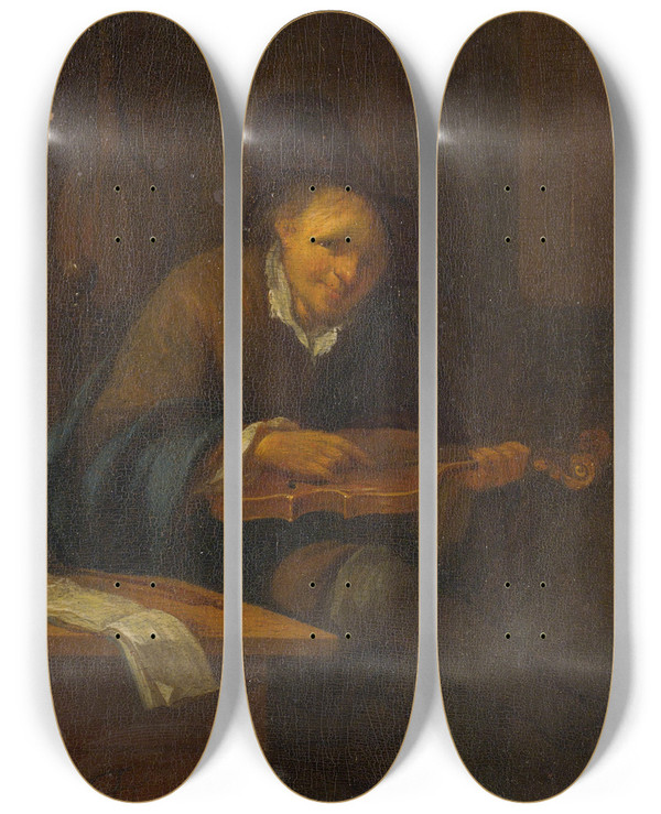 Triptych art skateboard deck of Jacob Toorenvliet Man Playing A Violin by Jacob Toorenvliet (1640-1719)