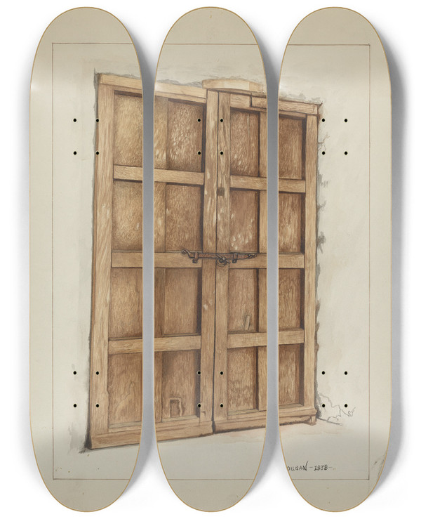 Triptych art skateboard deck of Ethel Dougan Sacristy Door At Mission San Juan Bautista by Ethel Dougan