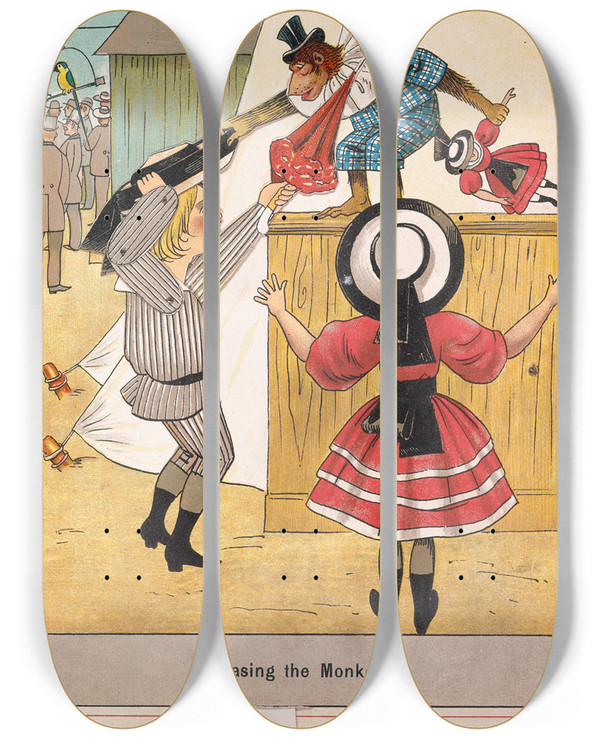 Triptych art skateboard deck of Lothar Meggendorfer Teasing The Monkey by Lothar Meggendorfer (1847-1925)