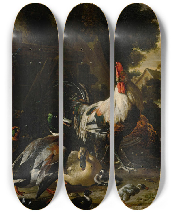 Triptych art skateboard deck of Melchior Dhondecoeter Ducks Hens And Other Fowl In A Yard by Melchior d'Hondecoeter (1636-1695)