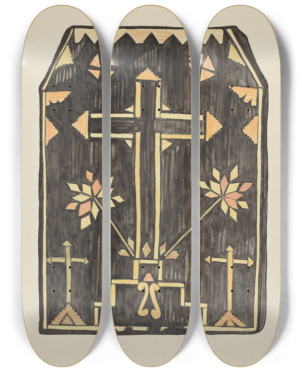 Triptych art skateboard deck of American 20Th Century Plate 46 Straw Applique Design From Portfolio Spanish Colonial Designs Of New Mexico_1 by American 20Th Century