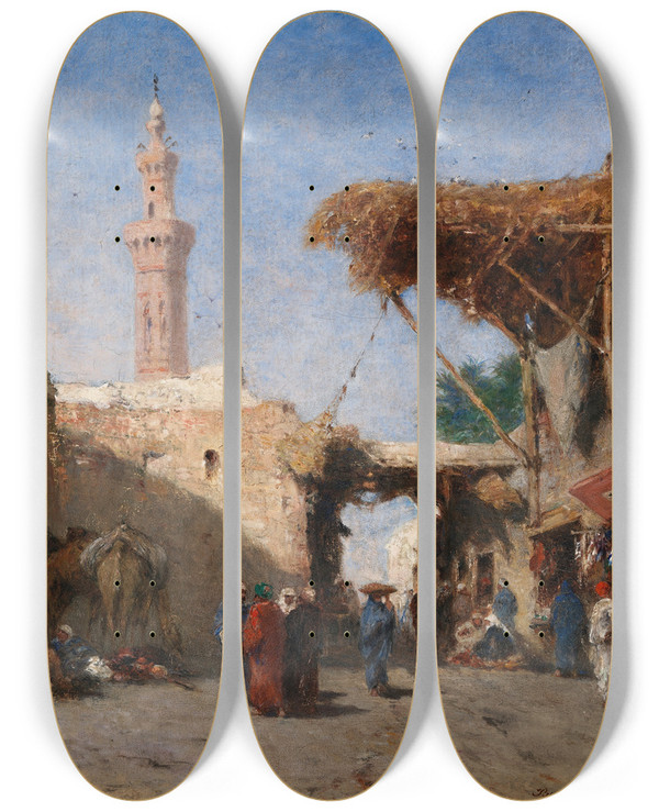 Triptych art skateboard deck of Narcisse Berchre Eastern Scene With Minaret by Narcisse Berchere (1819-1891)
