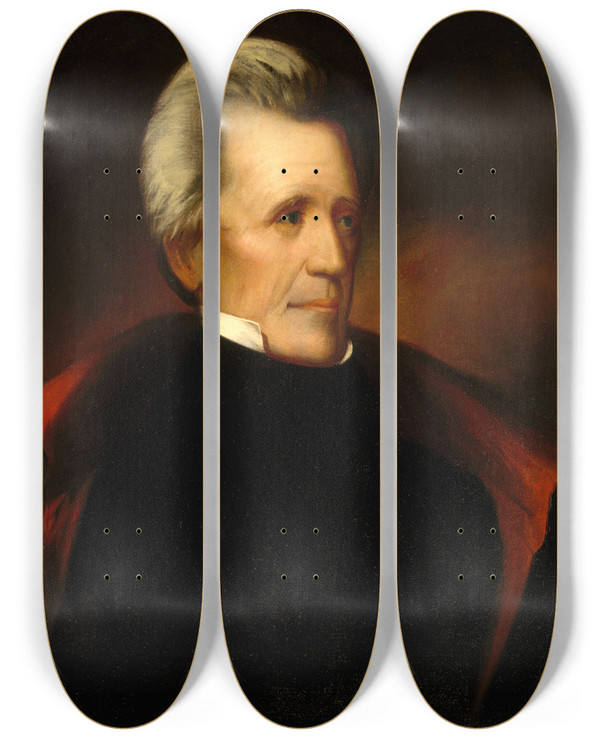 Triptych art skateboard deck of Ralph Eleaser Whiteside Earl Portrait Of Andrew Jackson by Ralph Eleaser Whiteside Earl