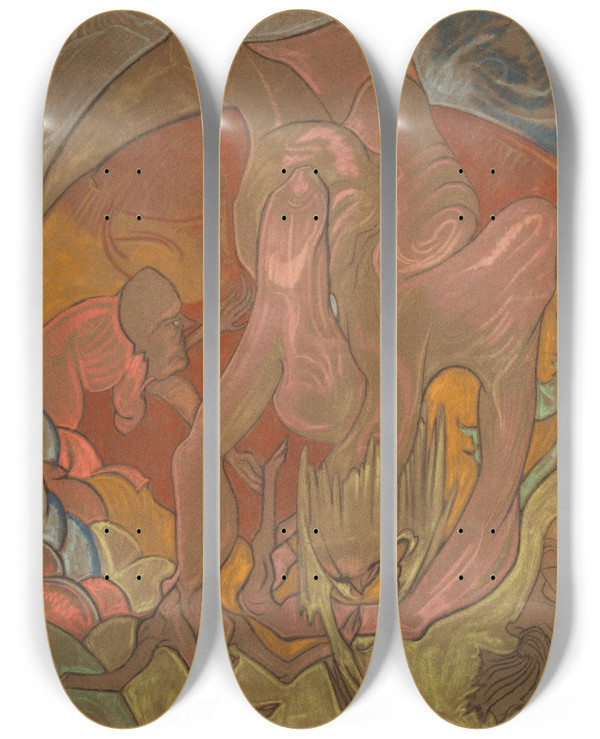 Triptych art skateboard deck of Stanisaw Ignacy Witkiewicz Composition by Stanislaw Ignacy Witkiewicz (1885-1939)