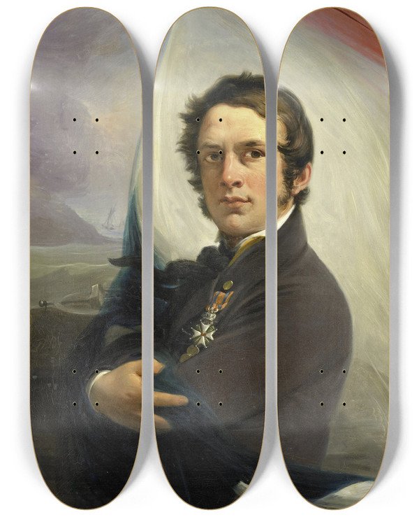 Triptych art skateboard deck of Jan Willem Pieneman Portrait Of Jacob Hobein Rescued The Dutch Flag Under Enemy Fire 18 March 1831 by Jan Willem Pieneman (1779-1853)