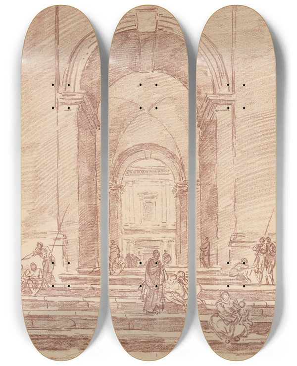 Triptych art skateboard deck of Hubert Robert Figures In A Roman Arcade by Hubert Robert (1733-1808)