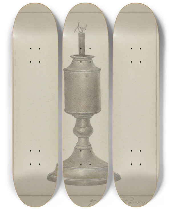 Triptych art skateboard deck of Cora Parker Whale Oil Lamp by Cora Parker
