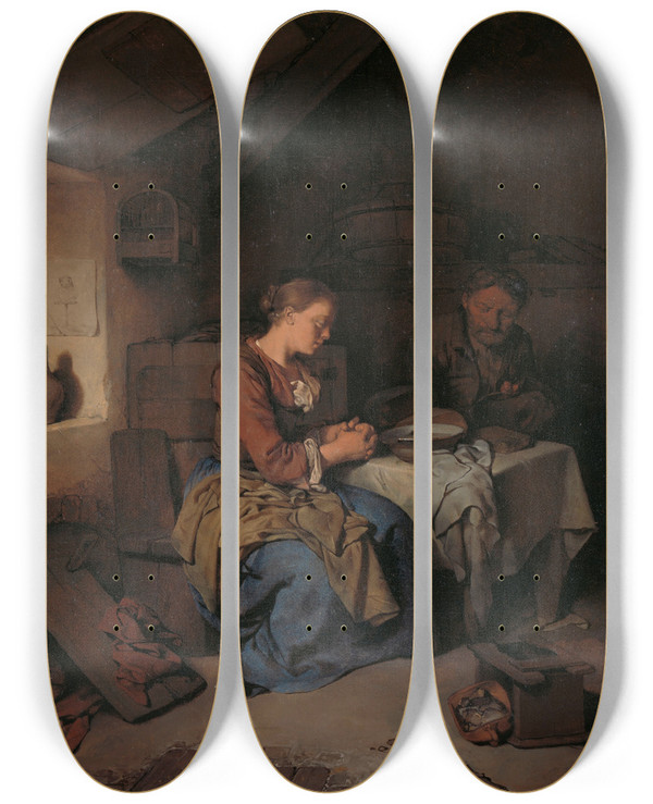 Triptych art skateboard deck of Cornelis Pietersz Bega Saying Grace by Cornelis Pietersz Bega (1631-1664)