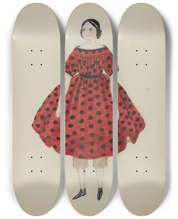 Triptych art skateboard deck of Mary Fitzgerald Doll With China Head by Mary Fitzgerald