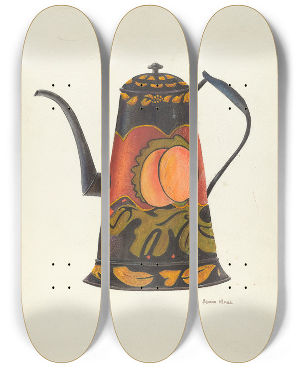 Triptych art skateboard deck of John Hall Toleware Coffee Pot by John Hall