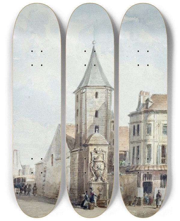 Triptych art skateboard deck of Augustesbastien Bnard Tour Dalexandre Restes De Labbaye Saint Victor Tour Dangle Des Btiments Abbatiaux_1 by Auguste-Sbastien Bnard (1810-1873)