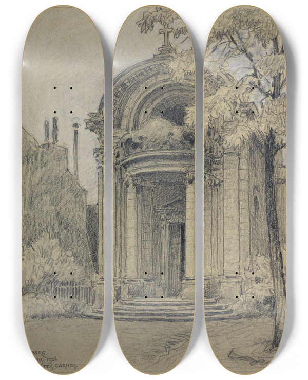 Triptych art skateboard deck of Ferdinand Boberg Chapelle De Lancien Collge Des Lombards Rue Des Carmes by Ferdinand Boberg (1860-1946)