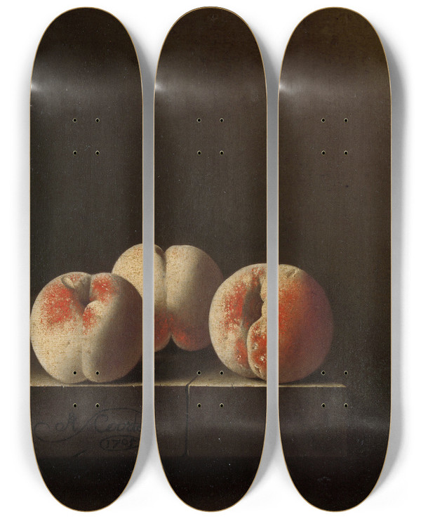 Triptych art skateboard deck of Adriaen Coorte Three Peaches On A Stone Plinth by Adriaen Coorte (1660-1707)