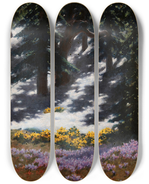 Triptych art skateboard deck of Stanisaw Witkiewicz Crocuses And Marshmarigolds by Stanislaw Witkiewicz (1851-1915)