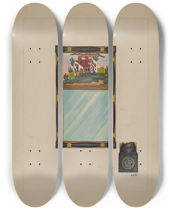 Triptych art skateboard deck of Emilio Zito House Looking Glass by Emilio Zito