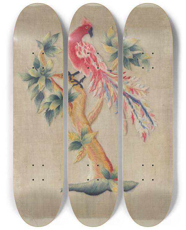 Triptych art skateboard deck of Helen E Gilman Section Of Bed Curtain by Helen E Gilman