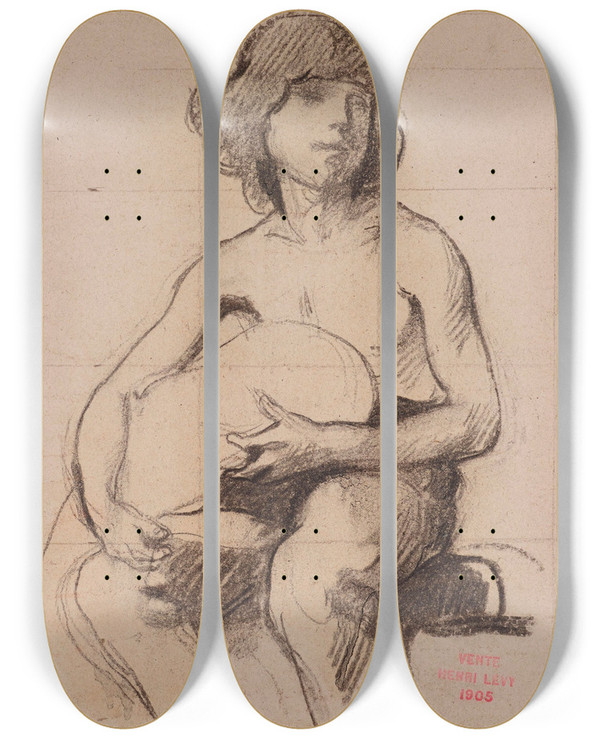 Triptych art skateboard deck of Henri Leopold Lvy Etude De Jeune Homme Assis Tenant Quelque Chose Entre Ses Mains by Henri Leopold Levy (1840-1904)